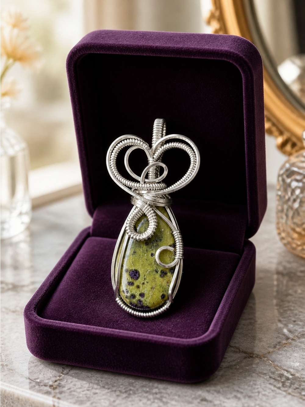 Green and Purple Atlantisite Wire-Wrap Pendant Necklace - Silver Tone
